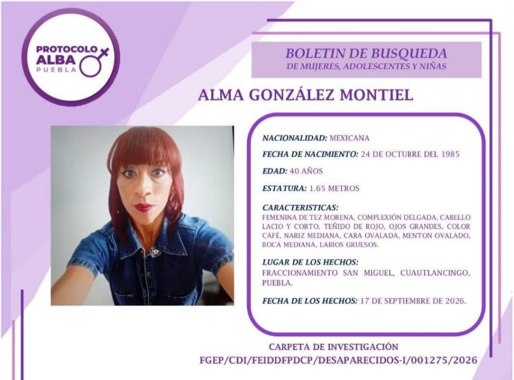 FGE investiga feminicidio de Alma González; desapareció en Cuautlancingo y fue hallada en Cuautinchán