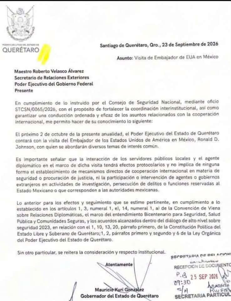 Gobierno de Querétaro le responde a la presidenta: se notificó a Cancillería sobre visita de embajador de EU