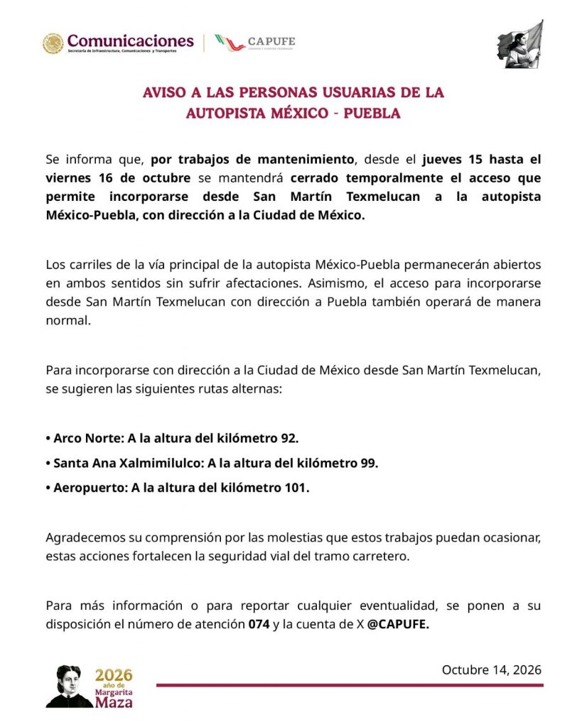 Capufe cierra incorporación de San Martín Texmelucan hacia CDMX por mantenimiento en la México-Puebla 