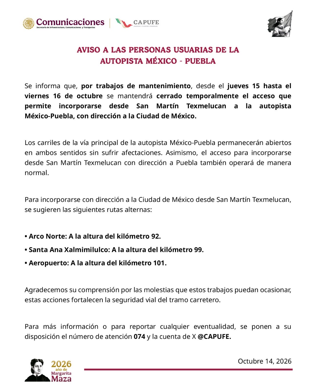 Capufe cierra incorporación de San Martín Texmelucan hacia CDMX por mantenimiento en la México-Puebla
