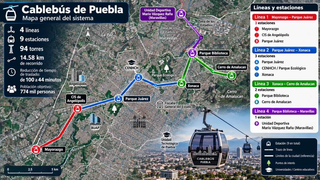 Mapa del Cablebús de Puebla ubica 94 torres entre Mayorazgo, Xonaca, Amalucan y Maravillas